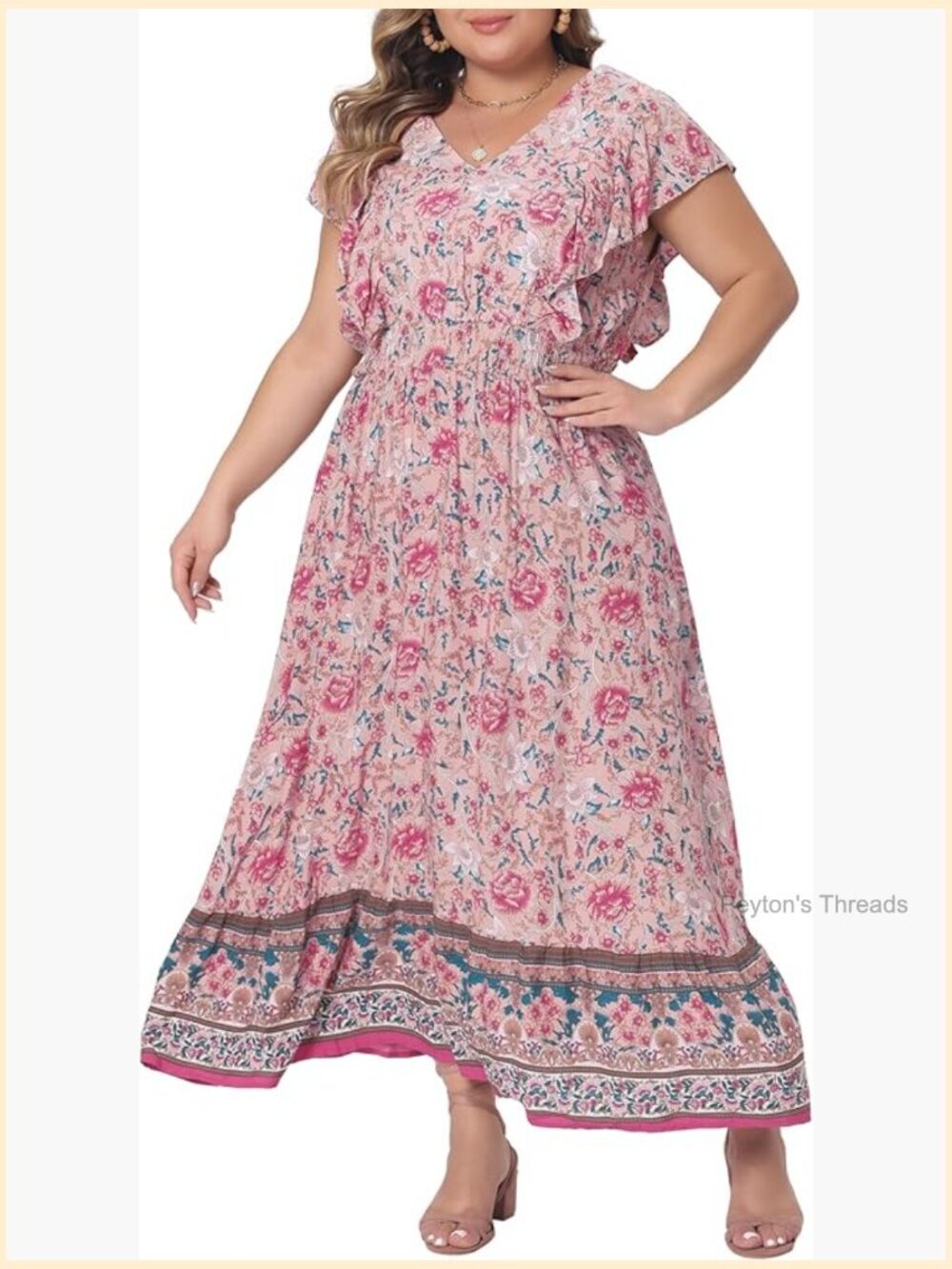 Plus Size Bohemian Maxi Dress with Ruffle Sleeves